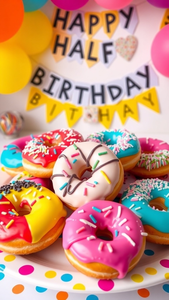 A festive assortment of half-birthday donuts with colorful icing and sprinkles on a decorative plate.